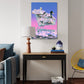 Modern living room with a colorful painting of ducks in a shopping cart on the wall.