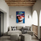 Modern living room with a gray sectional sofa, geometric ottomans, and a colorful abstract painting on the wall.