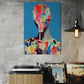 Abstract art painting of a colorful face on a blue background, displayed above a record player.