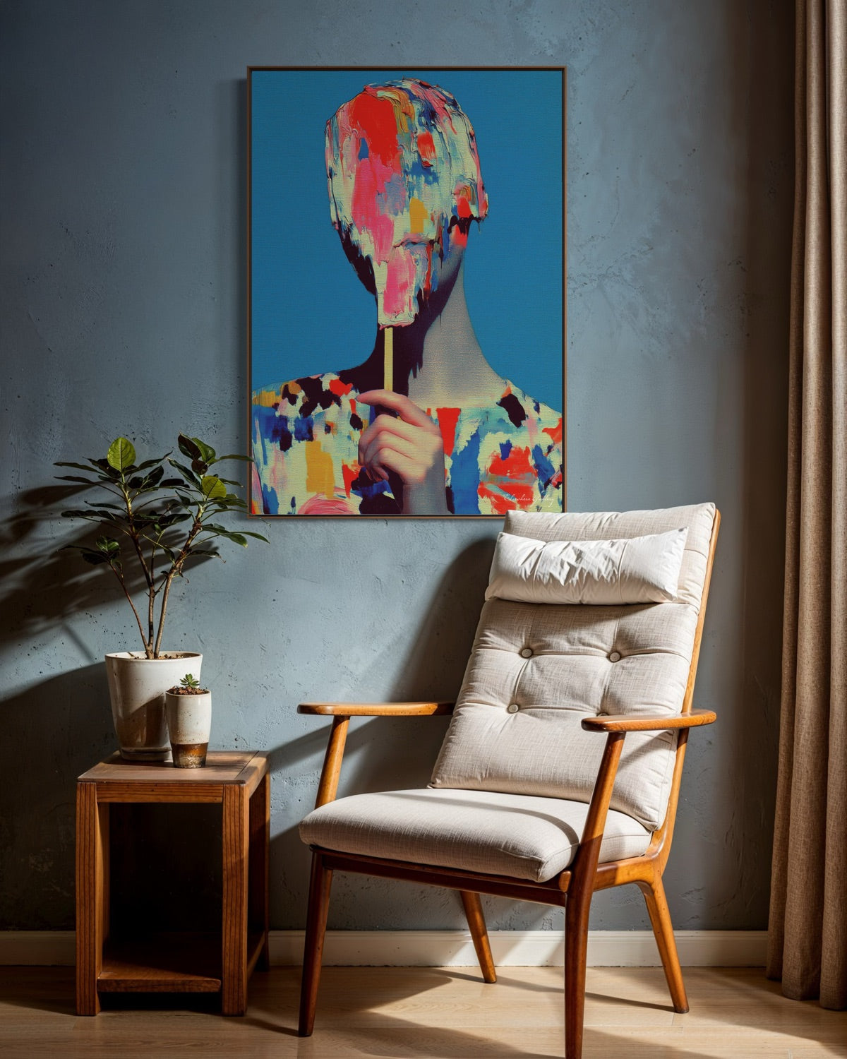 Colorful abstract painting on a wall above a wooden armchair in a room.