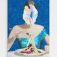 Surreal high-end grunge artwork titled 'Another Reality, Served' by Elsewhere Gallery, featuring a raw editorial portrait of a woman consuming pasta in a chaotic, dark, and dramatic aesthetic.