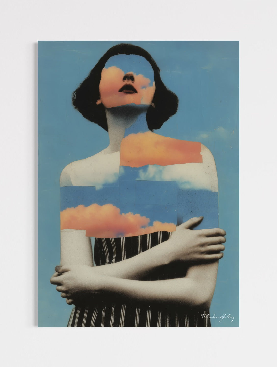 Surreal fine art collage print featuring a vintage-style woman with her face and upper body replaced by layered sunset clouds against a muted blue sky, titled "The Architecture of Absence״.