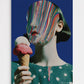 Artistic depiction of a person holding an ice cream cone with a colorful abstract face.
