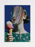 Artistic depiction of a person holding an ice cream cone with a colorful abstract face.