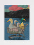 Surreal contemporary pop art print featuring four colorful ducks sitting inside a metal shopping cart floating on a blue lake, set against monochromatic mountains and vibrant sunset clouds, titled "Lost In The Ducks."