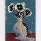 Surreal contemporary collage wall art print featuring black and white vintage-style flowers in a vase. The vase is melting into a vibrant, iridescent glitch-like puddle on a dark red surface against a dusty blue background, titled "Melting Memories."