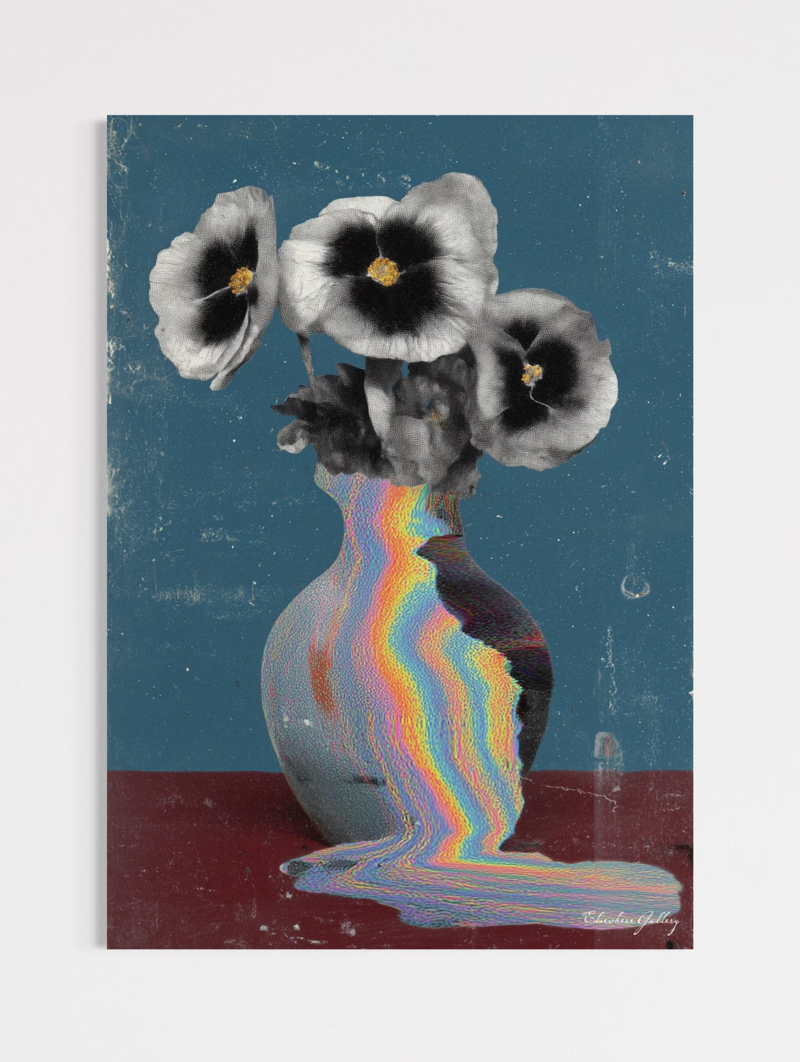 Surreal contemporary collage wall art print featuring black and white vintage-style flowers in a vase. The vase is melting into a vibrant, iridescent glitch-like puddle on a dark red surface against a dusty blue background, titled "Melting Memories."