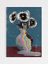 Surreal contemporary collage wall art print featuring black and white vintage-style flowers in a vase. The vase is melting into a vibrant, iridescent glitch-like puddle on a dark red surface against a dusty blue background, titled "Melting Memories."
