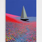 Abstract art piece with a sailboat on a colorful landscape