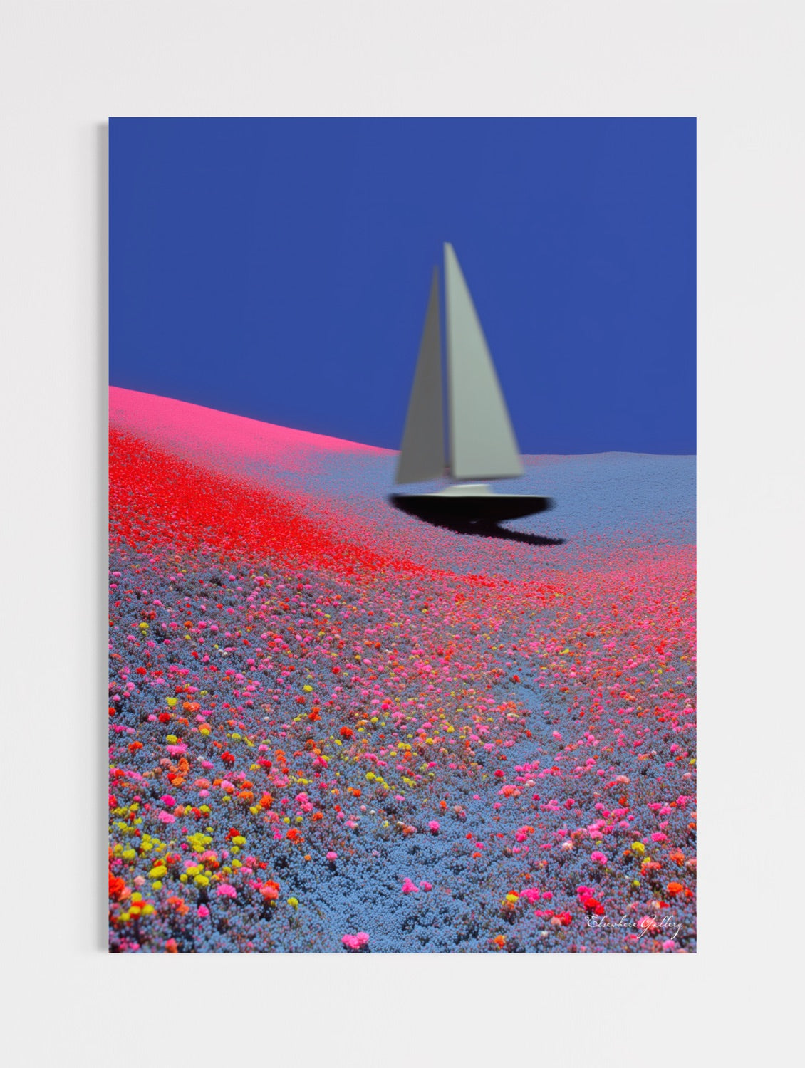 Abstract art piece with a sailboat on a colorful landscape