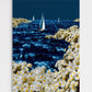 Surreal seascape canvas print showing sailboats navigating glowing blue waters and dense floral shores for modern home decor.