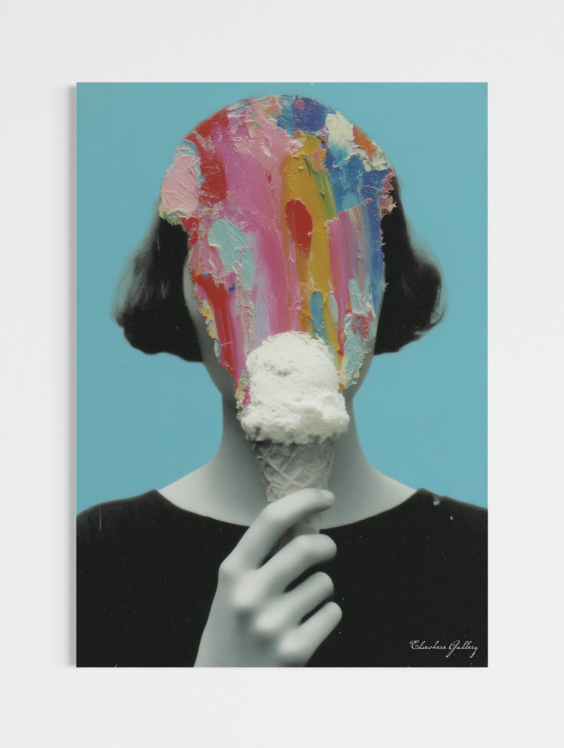 Surreal art print of a woman melting into pink ice cream, contemporary wall art canvas - The Flavor of Elsewhere