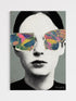 Striking surrealist collage wall art print featuring a vintage halftone dot portrait of a woman&