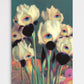 Surreal contemporary wall art print featuring textured, painting-like white and dark purple iris flowers, each containing a realistic blue human eye within its petals, set against a deep teal and warm sunset-colored background, titled "What Grows in Silence, Sees."