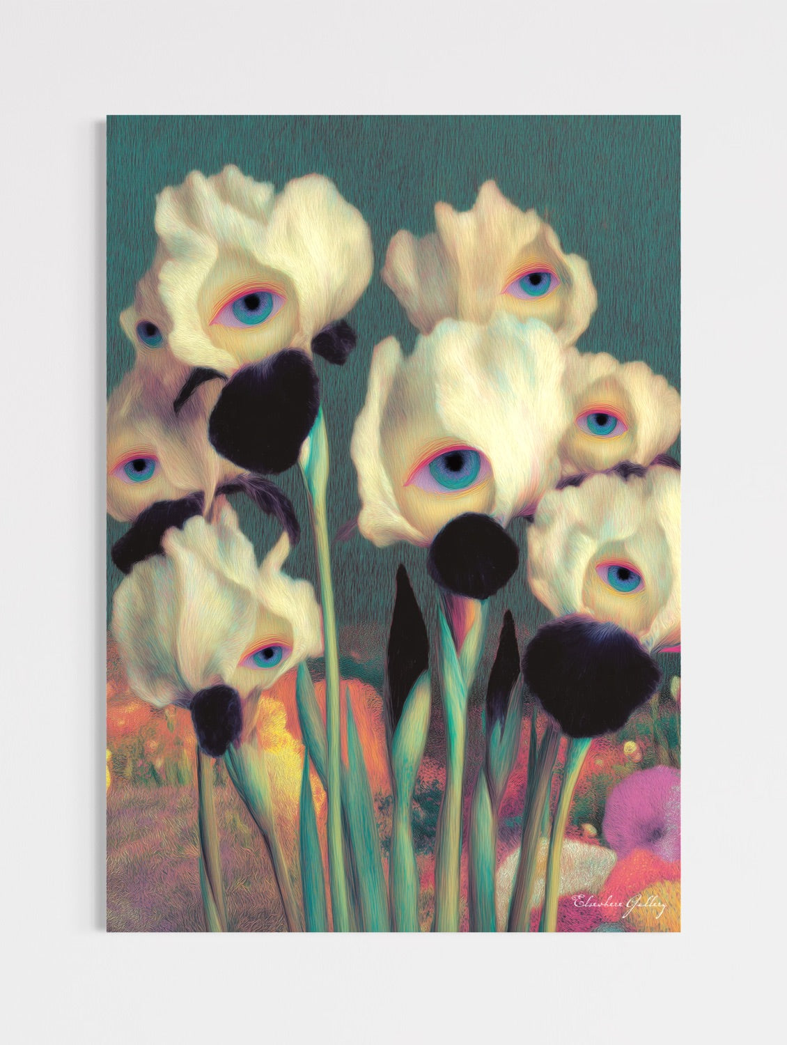 Surreal contemporary wall art print featuring textured, painting-like white and dark purple iris flowers, each containing a realistic blue human eye within its petals, set against a deep teal and warm sunset-colored background, titled "What Grows in Silence, Sees."